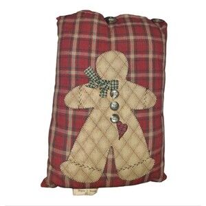 Vtg Primitive Christmas Red Plaid Handmade Gingerbread Throw Pillow Rustic Decor